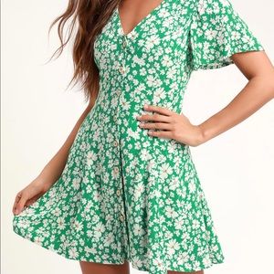 Lulus Green Floral Print Button Front Mini Dress